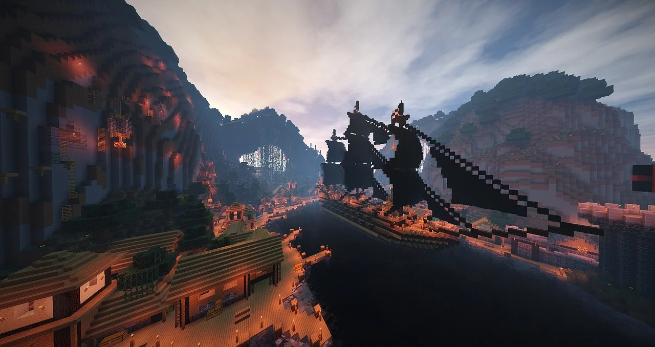 Фэнтезийная гавань Minecraft с драконом