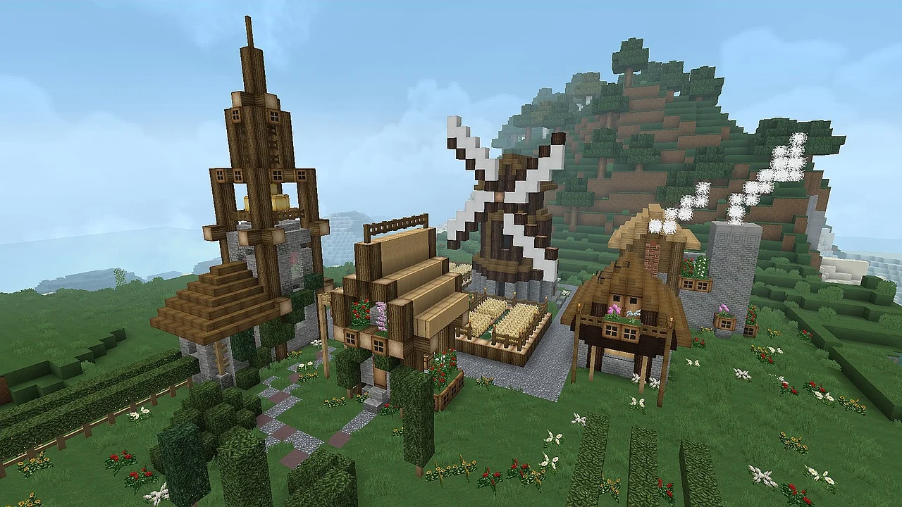 Деревня Minecraft среди гор
