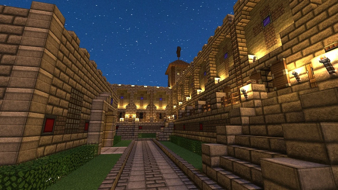 Освещённая крепость Minecraft ночью